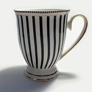 New Tall Latte Coffee 10oz B/W Striped Fine Porcelain Mug w/Hand Paint G…